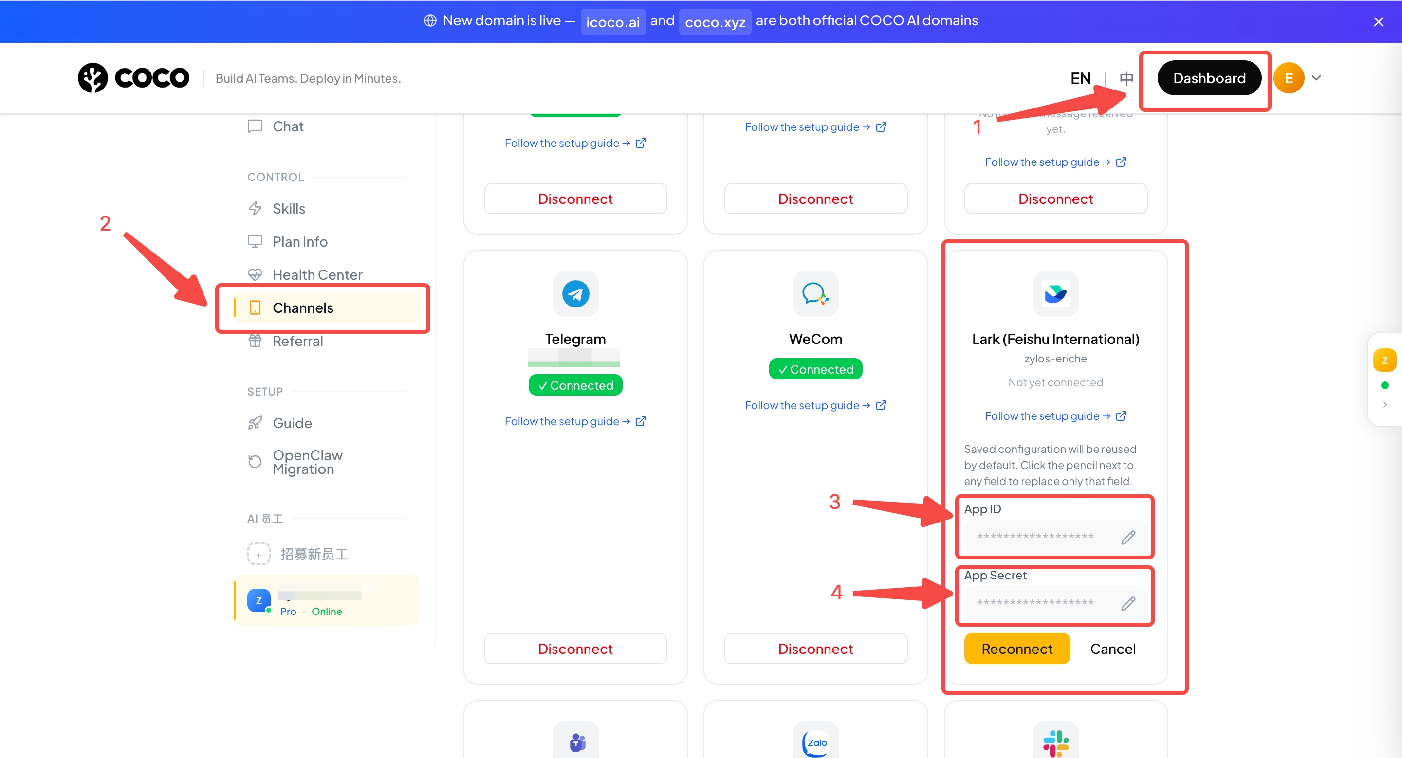 COCO Dashboard — fill in App ID and App Secret, click Connect